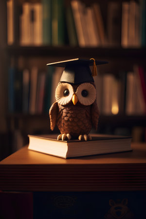 Owl sitting on a book in the library. Education concept.の素材