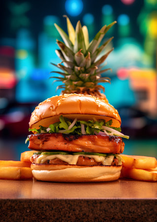 Hamburger with pineapple and french fries. Fast food concept.の素材