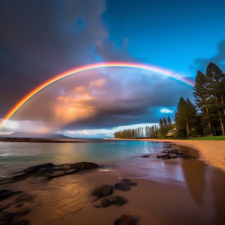 Rainbow over the beach in the morning, Tasmania, Australia.の素材