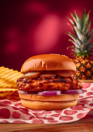 Delicious hamburger with pineapple and chips on a red background.の素材