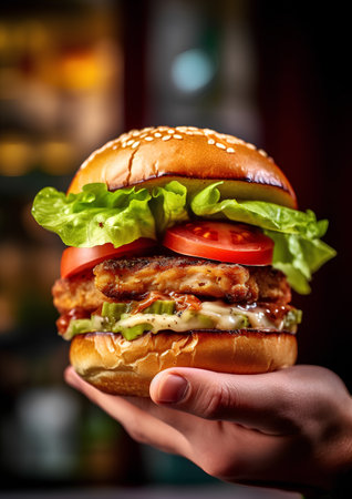 Hamburger in the hands of a man on a dark backgroundの素材
