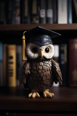 Owl with graduation cap and diploma on bookshelf background.の素材