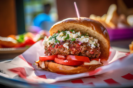Beef burger with melted cheese, tomato, onion and mayonnaiseの素材