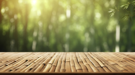 Wooden table with bamboo background and bokeh in the forestの素材