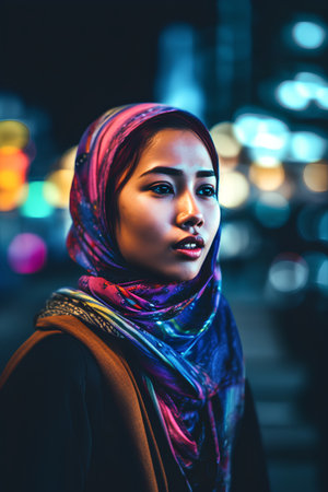 Beautiful asian muslim woman wearing scarf and headscarf in the city at nightの素材