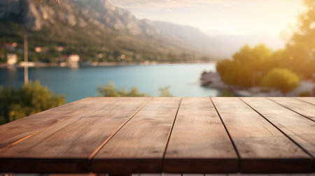 Empty wooden table for product display montages with lake and mountains backgroundの素材