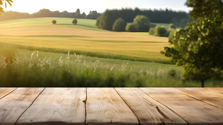 Wooden table in front of blurred countryside landscape. Collage.の素材
