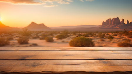 Wooden table against view of Monument Valley at sunset, Arizona, USAの素材