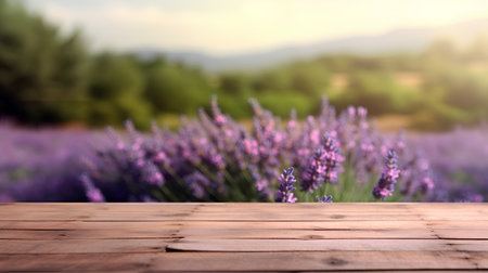 Wooden table with lavender flowers and mountains in the background.の素材