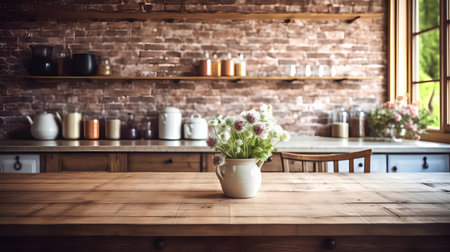 Flower in vase on wooden table in modern kitchen with brick wallの素材