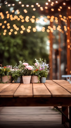 Wooden table with flowers in pots on the background of bokehの素材