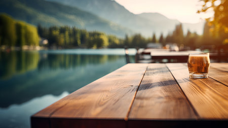 Glass of beer on wooden table in front of a mountain lake.の素材