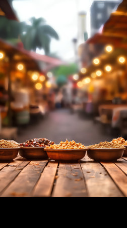 Spaghetti in wooden bowl on wood table with blurred food market backgroundの素材