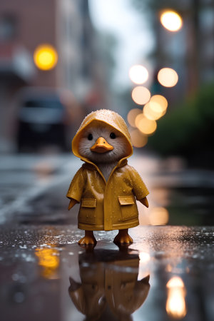 Little snowman in yellow raincoat and hat standing on rainy streetの素材
