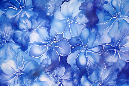 Blue watercolor background with hibiscus flowers. Hand-drawn illustration.の素材