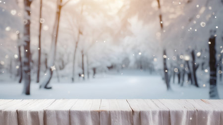 Wood Table Top Background In the Snowfall. Winter Concept. Mock Upの素材