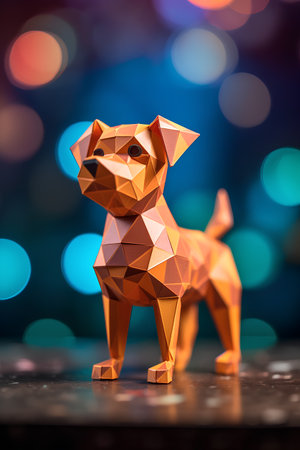 Golden polygon dog on bokeh background. 3d renderingの素材