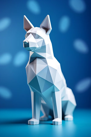 Polygonal origami dog on blue background. 3d renderingの素材