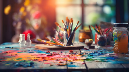Paint brushes and paints on a wooden table. Art concept.の素材