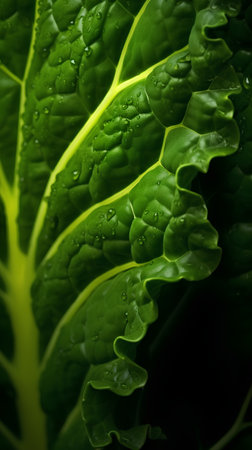 close up of fresh green cabbage leaf with water drops, shallow depth of fieldの素材