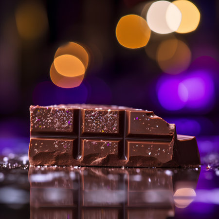 Dark chocolate bar on a black reflective surface with bokeh background.の素材