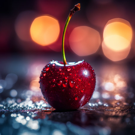 Cherry with water drops on a dark background with bokehの素材