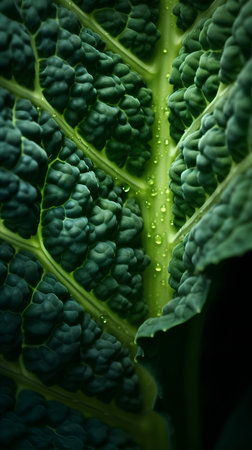 close-up of fresh green savoy cabbage leaf with water dropsの素材