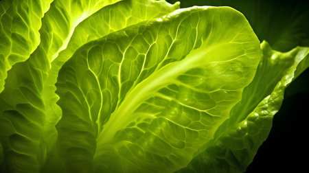 close up of fresh green lettuce leaves on black background, shallow depth of fieldの素材