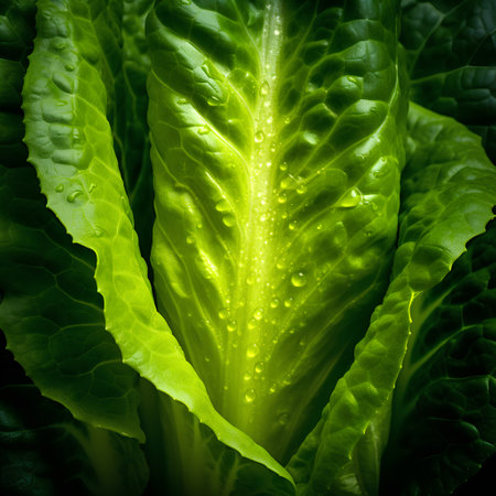 Fresh green lettuce leaves with dew drops close up. Healthy food backgroundの素材