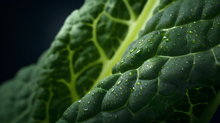 Green leaf of cabbage with water drops close-up macro photography.の素材