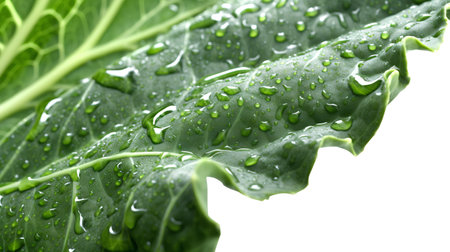 Leaves of cabbage with drops of water on white background, closeupの素材