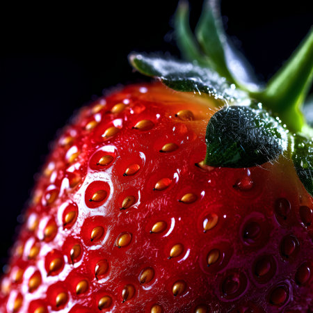 Close up of fresh red strawberry with dew drops on black backgroundの素材