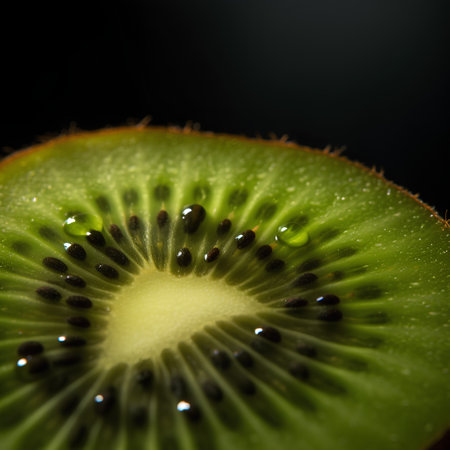Kiwi fruit on a black background close-up macro photographyの素材