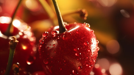 Cherries with water drops on a red background, shallow depth of fieldの素材