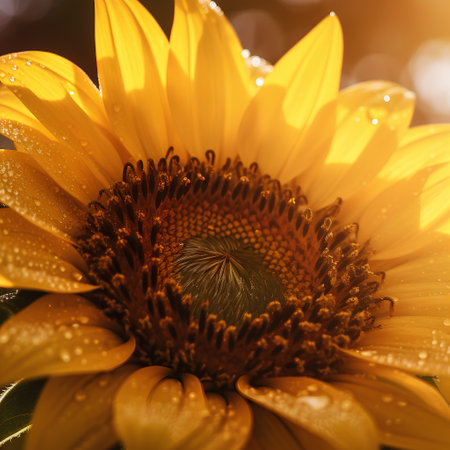 Sunflower with water drops, close-up. Natural background.の素材