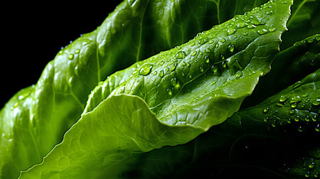 Close up of fresh green lettuce leaves with water drops on black backgroundの素材