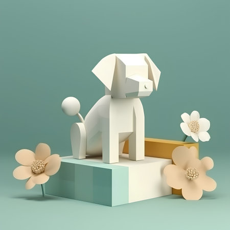3d render of a dog sitting on a pedestal with flowersの素材