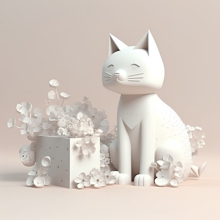 3d rendering of a white cat sitting next to a gift boxの素材