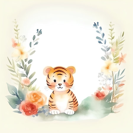 Cute tiger with flowers. Watercolor hand drawn vector illustration.の素材