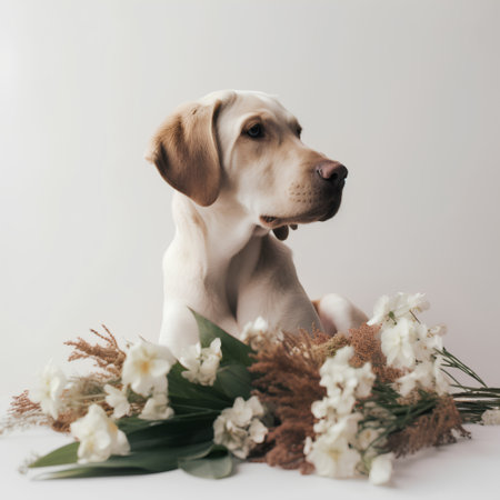 Cute labrador retriever puppy with spring flowers. Studio shot.の素材