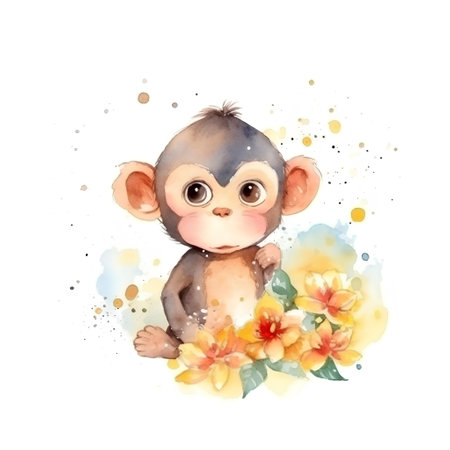 Cute monkey with flowers. Watercolor illustration isolated on white backgroundの素材