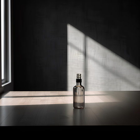 Glass bottle of perfume on a wooden table in a dark room with shadows from the windowの素材