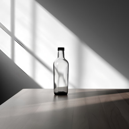 empty glass bottle on wooden table in room with window and shadow from sunlightの素材