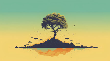 Abstract tree on the island. Vector illustration in flat style. Ecology concept.の素材