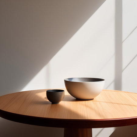 Minimalist interior design, 3D render of a wooden table and two bowlsの素材