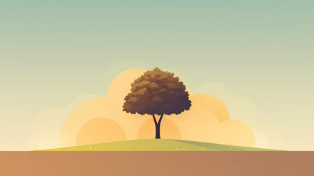 Vector illustration of a tree on a sunset background. Flat style.の素材