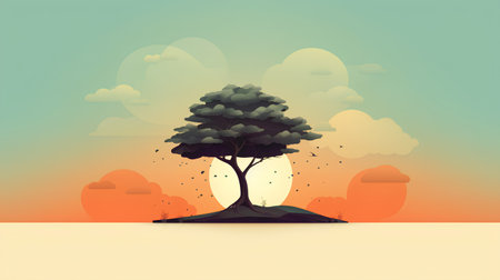 Tree on the background of the sky and clouds. Vector illustration.の素材