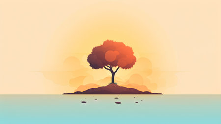 Autumn tree on the beach. Vector illustration in flat style.の素材