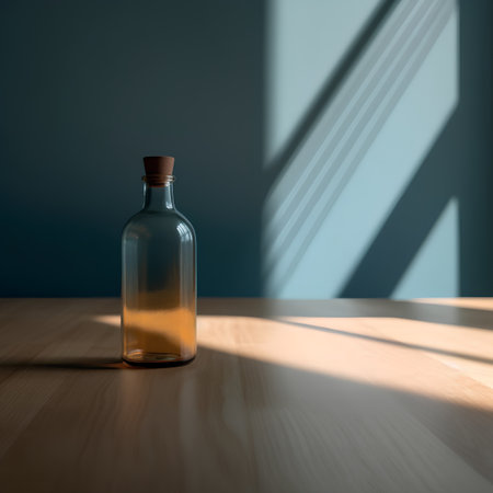 Bottle of oil on a wooden table with shadow from the windowの素材