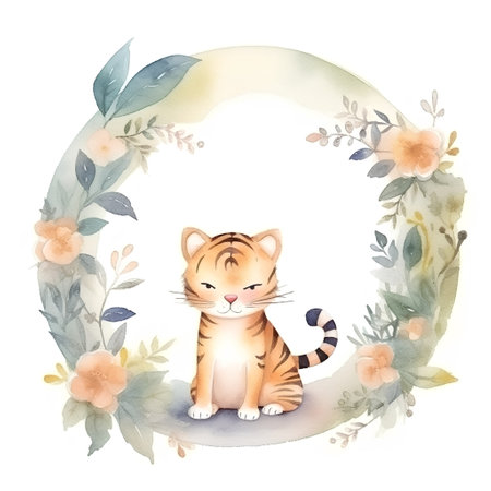 Watercolor illustration of a cute tiger in a wreath of flowersの素材